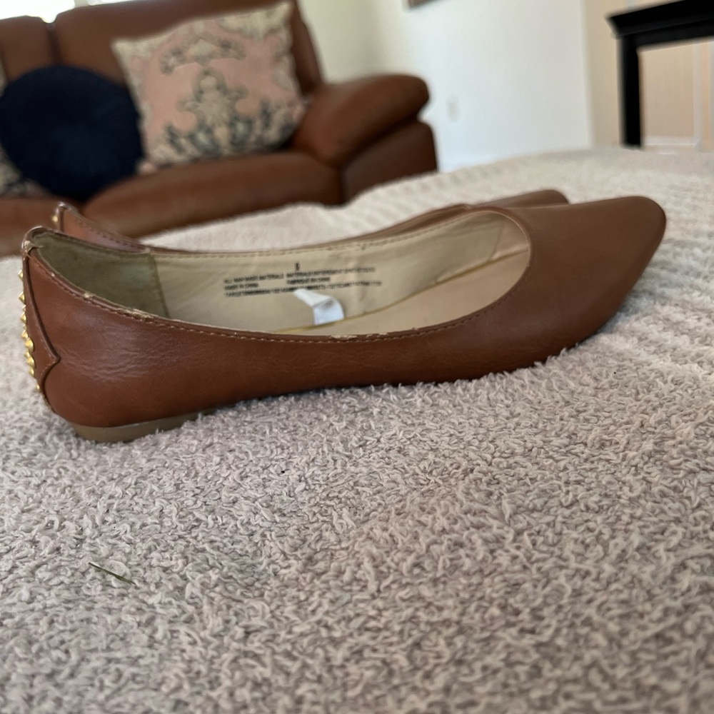 Faux leather brown point toe flats